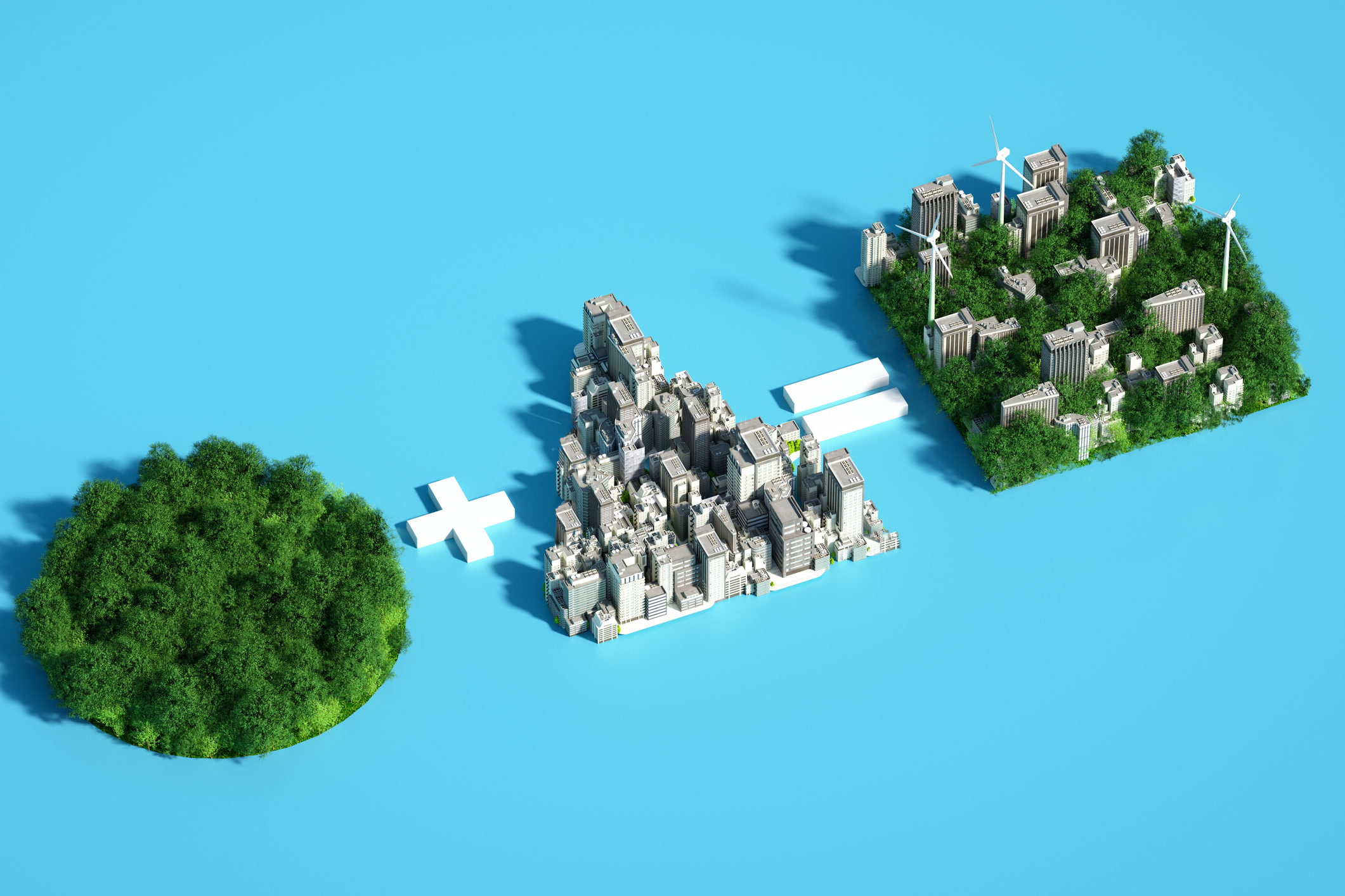 Sustainable city concept — buildings and trees against a blue background